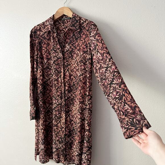 Peruvian Connection 100% Silk Leaf Print Long Sleeve Collared Tunic Size Large - Picture 3 of 13